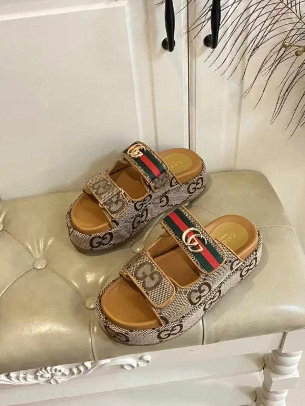 Gucci Monogram Canvas Adjustable Velcro Platform Slides